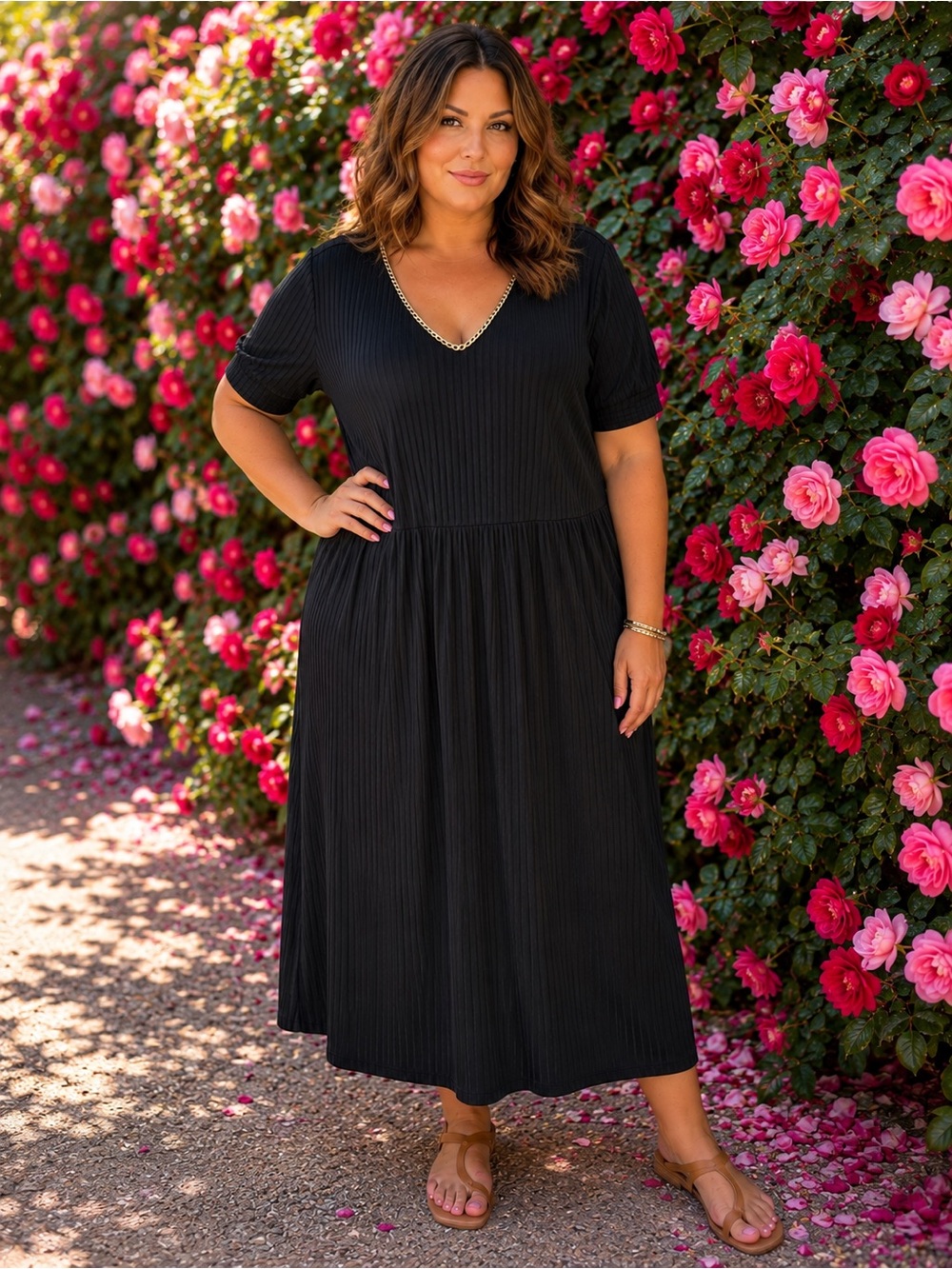 BloomChic NWOT Plus Size Black Ribbed Maxi Dress Gold Chain V-Neck